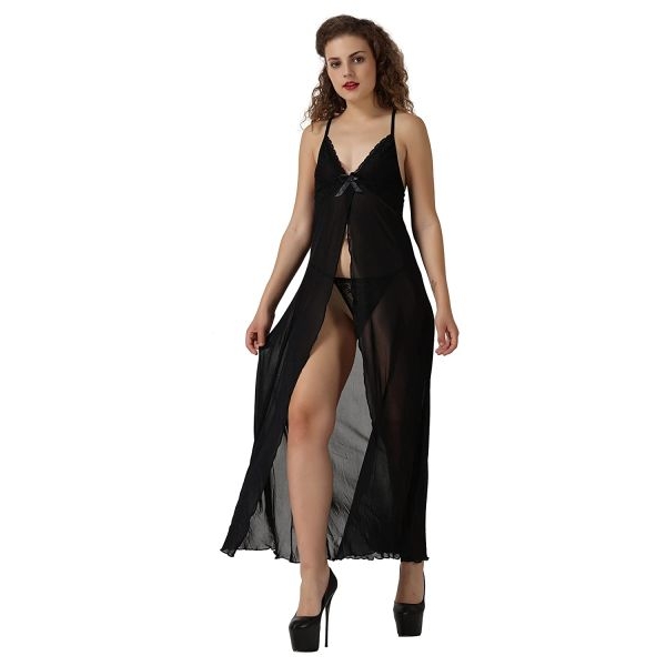 Fancyra Women Nightwear Lingerie Lace Babydoll Long Gown Sleepwear Dress With G String Panty Free Size Black Color - Image 2
