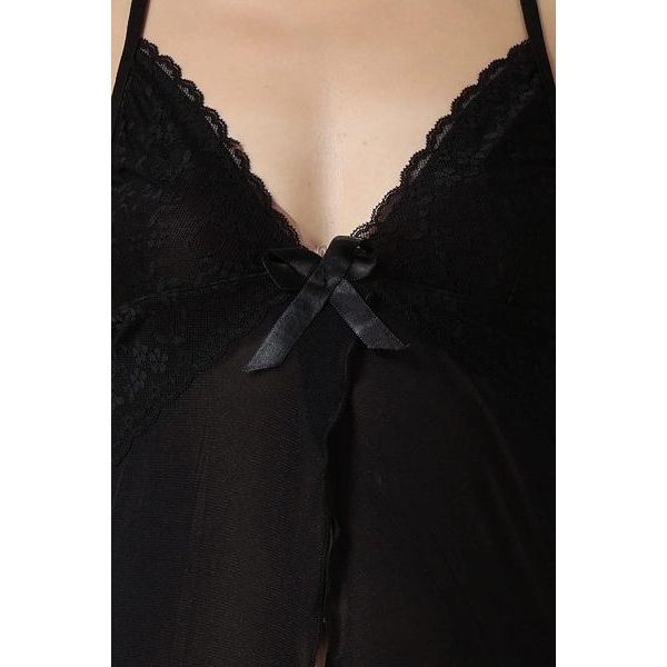 Fancyra Women Nightwear Lingerie Lace Babydoll Long Gown Sleepwear Dress With G String Panty Free Size Black Color - Image 4