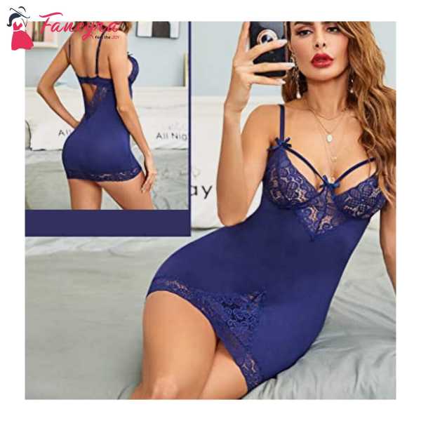 Fancyra Women Nightwear Lingerie Lace Babydoll Sleepwear With G String Panty Free Size Blue Color