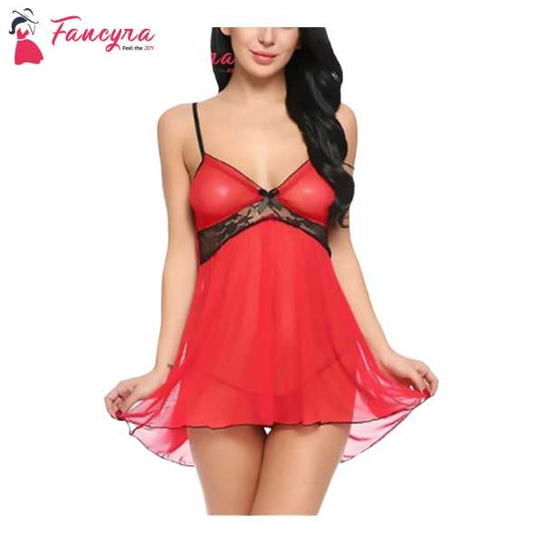 Fancyra Women Nightwear Lingerie Polyamide Spandex Floral Above Knee Baby Doll Sleepwear With G String Panty Free Size Red Color