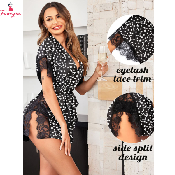 Fancyra Women Nightwear Lingerie Satin Sleepwear Eyelash Lace Kimono Side Split Silk Robes - Image 3