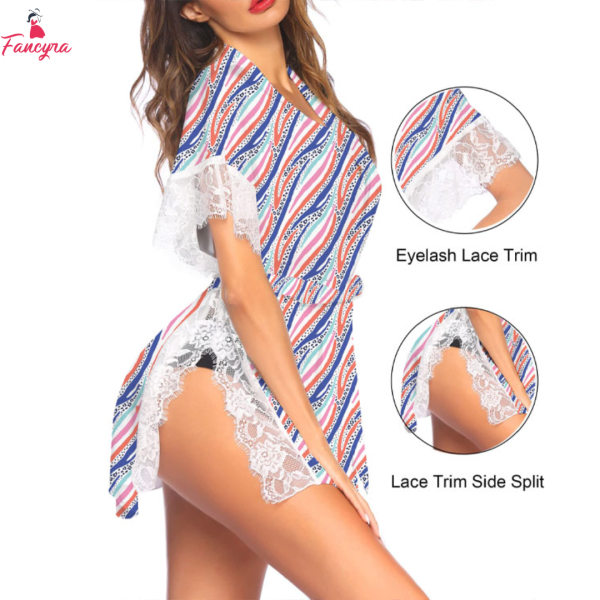 Fancyra Women Nightwear Lingerie Satin Sleepwear Eyelash Lace Kimono Side Split Silk Robes - Image 4