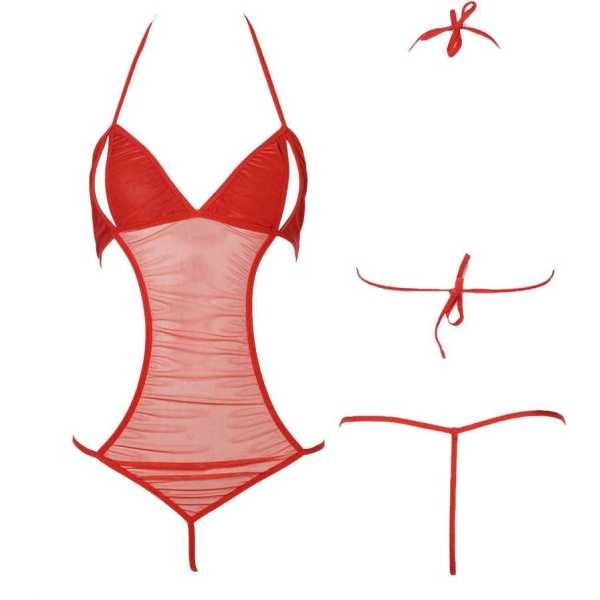 Fancyra Women Nightwear Lingerie Soft Net Bodysuit With G String Free Size Red Color - Image 2