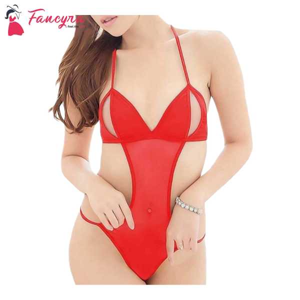 Fancyra Women Nightwear Lingerie Soft Net Bodysuit With G String Free Size Red Color