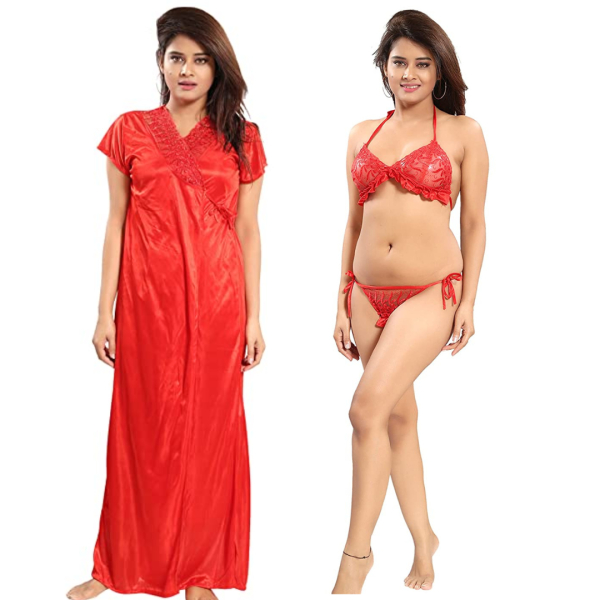 Fancyra Women Nightwear Nighty with Robe and Lingerie Bikini Set Free Size - Image 2