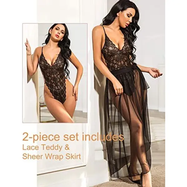 Fancyra Women Nightwear One Piece Lingerie Deep V Lace Bodysuit Nightgown Free Size - Image 4