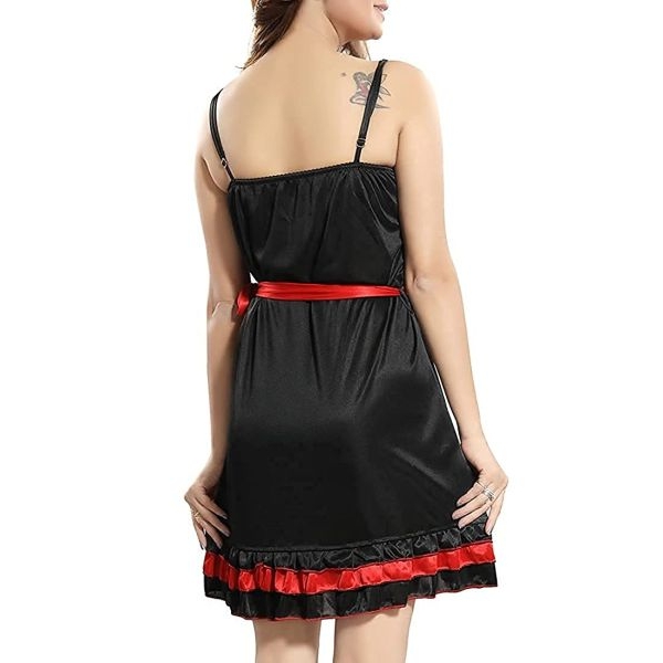 Fancyra Women Nightwear Satin Floral Above U Neck Babydoll Lingerie Free Size Black Color - Image 2