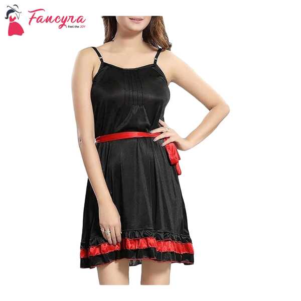Fancyra Women Nightwear Satin Floral Above U Neck Babydoll Lingerie Free Size Black Color