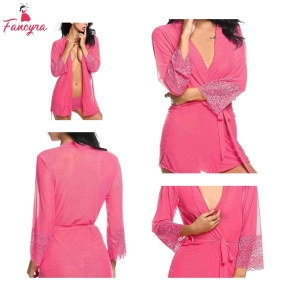 Fancyra Women Nightwear Solid Above Knee Babydoll Sleepwear With Panty And Robe Free Size Pink Color