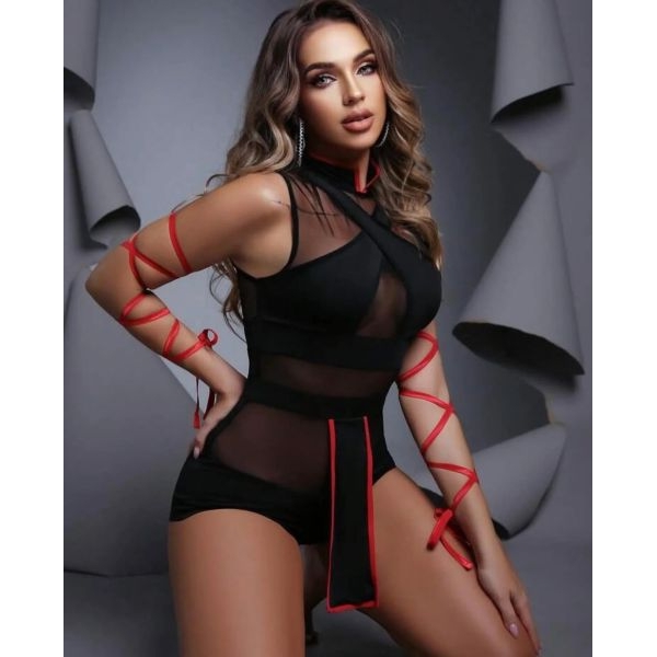 Fancyra Women Ninja Roleplay Cross Front Teddy Bodysuit Lingerie - Image 3