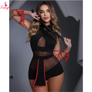 Fancyra Women Ninja Roleplay Cross Front Teddy Bodysuit Lingerie