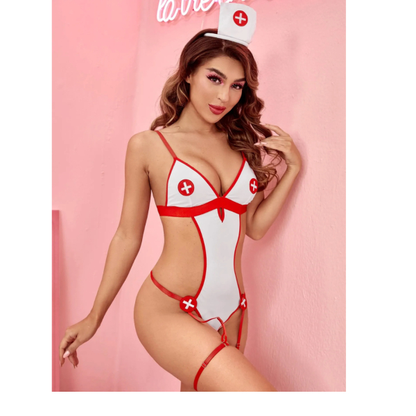 Fancyra Women Nurse Costume Teddy Bodysuit & Hair Hoop Lingerie - Image 2