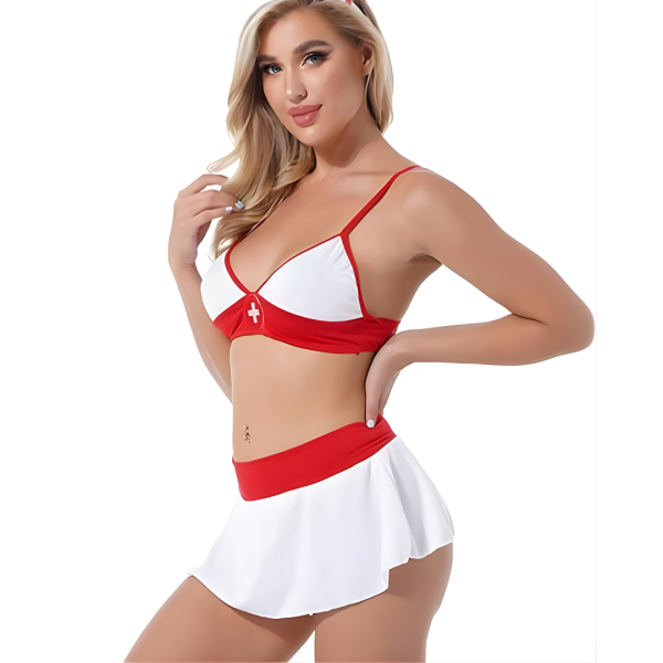 Fancyra Women Nurse Role Play Outfit Lingerie with Bra Top & Mini Skirt - Image 3