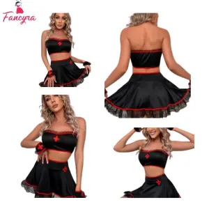 Fancyra Women Nurse Theme Roleplay Lingerie Babydoll Dress with Skirt and Thong
