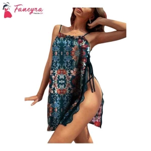 Fancyra Women O-Neck Sleeveless Printed Summer Babydoll Lingerie Beach Dress