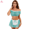 Fancyra Women Off Shoulder Elegant See Through Crop Top with Skirt Maid Roleplay Lingerie Set