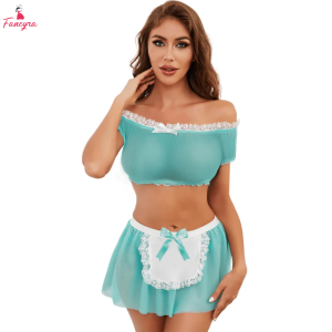 Fancyra Women Off Shoulder Elegant See Through Crop Top with Skirt Maid Roleplay Lingerie Set