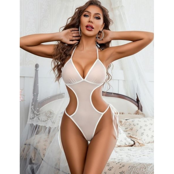 Fancyra Women Off White Halter Neck Cut Out Lingerie Baby Doll Dress - Image 5
