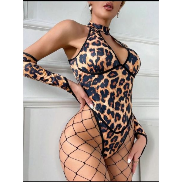 Fancyra Women One Piece Animal Print Bodysuit Lingerie with Sleeves - Image 5