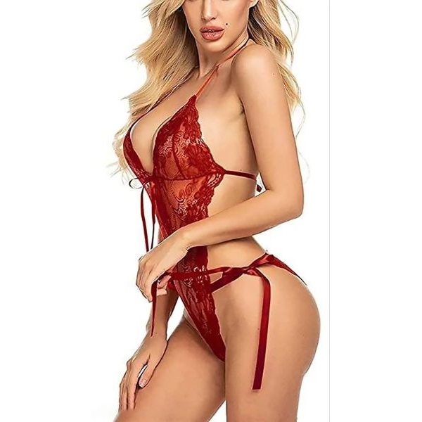 Fancyra Women One Piece Halter Deep V Neck Lace Bodysuit Lingerie - Image 3