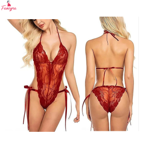 Fancyra Women One Piece Halter Deep V Neck Lace Bodysuit Lingerie
