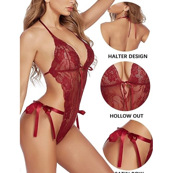 Fancyra Women One Piece Halter Deep V Neck Lace Bodysuit Lingerie - Image 5