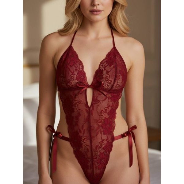 Fancyra Women One Piece Halter Neck Self Design Bodysuit Lingerie - Image 2