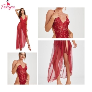Fancyra Women One Piece Lingerie Deep V Lace Bodysuit Mosaic Lace Teddy Mesh Skirt