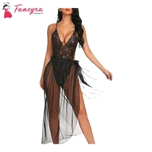 Fancyra Women One Piece Lingerie Deep V Lace Bodysuit Mosaic Lace Teddy Mesh Skirt Babydoll Free Size Black Color