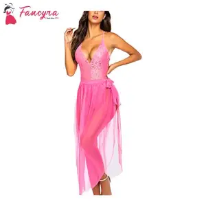 Fancyra Women One Piece Lingerie Deep V Lace Bodysuit Mosaic Lace Teddy Mesh Skirt Free Size Pink Color