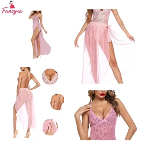 Fancyra Women One Piece Lingerie Deep V Lace Bodysuit Mosaic Lace Teddy Mesh Skirt Sleepwear Babydoll Lingerie