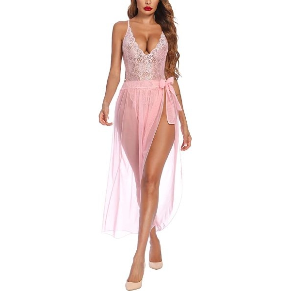 Fancyra Women One Piece Nightwear Lingerie Lace Sleepwear Babydoll Free Size Blush Pink Color - Image 2