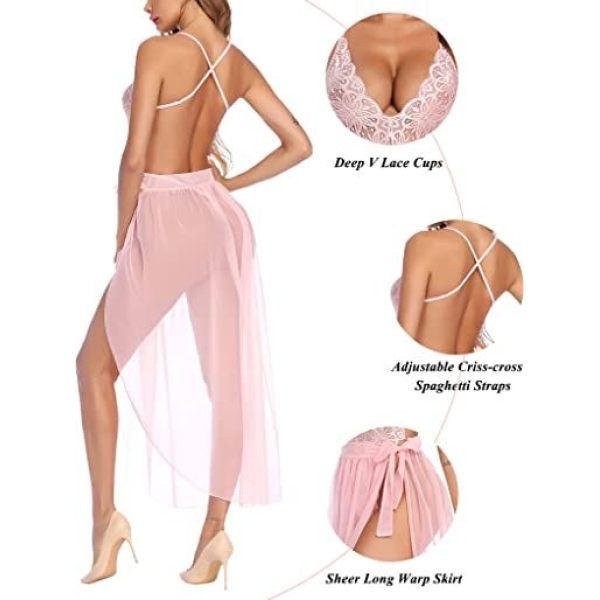 Fancyra Women One Piece Nightwear Lingerie Lace Sleepwear Babydoll Free Size Blush Pink Color - Image 4