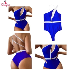 Fancyra Women One-Shoulder Black Cutout Swimsuit Swimwear Blue Dress