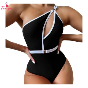 Fancyra Women One-Shoulder Black Cutout Swimsuit Swimwear Dress