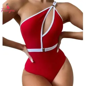 Fancyra Women One-Shoulder Black Cutout Swimsuit Swimwear Red Dress