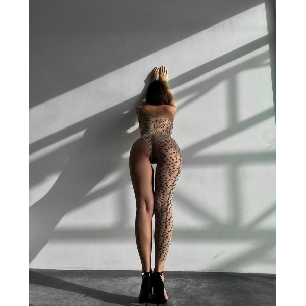 Fancyra Women One Sleeves Bodysuit See Through Fishnet Romper Sheer Leopard Bodycon Stocking - Image 2