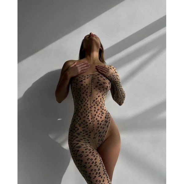 Fancyra Women One Sleeves Bodysuit See Through Fishnet Romper Sheer Leopard Bodycon Stocking - Image 4