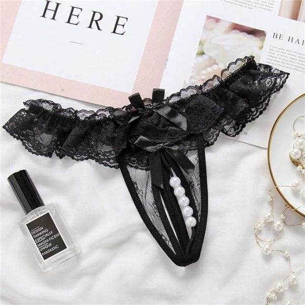 Fancyra Women Open Crotch Panties Lace Floral Thongs with Pearls Ball - Image 4