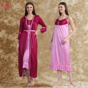 Fancyra Women Pack of 2 Full Length Solid Nighty with Robe Set