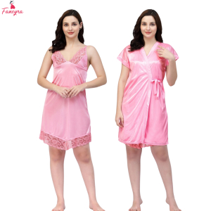 Fancyra Women Pack of 2 Satin Stylish Fancy Sleepwear Nighty with Robe