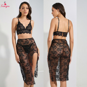 Fancyra Women Pack of 3 Floral All Over Lace Bralette- Thong and Deep Slit Midi Skirt Lingerie Set
