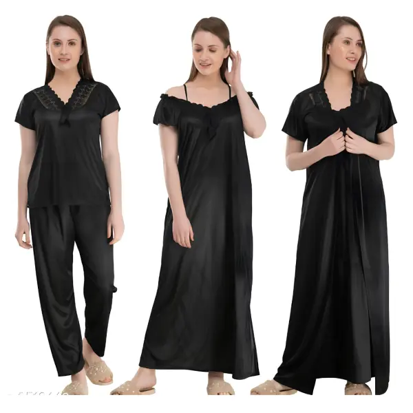 Fancyra Women Pack of 4 Satin Solid Stylish Sleepwear Nighty Nightwear Set - Image 2