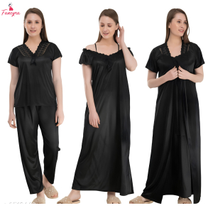 Fancyra Women Pack of 4 Satin Solid Stylish Sleepwear Nighty Nightwear Set