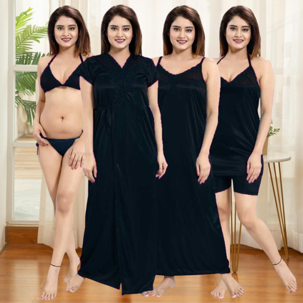 Fancyra Women Pack of 6 Black Satin Solid Sleepwear Nightwear Set - Image 2