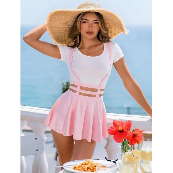 Fancyra Women Pink A-Line Suspender Skirt Pleated Short Braces Lingerie with Crop Top - Image 3