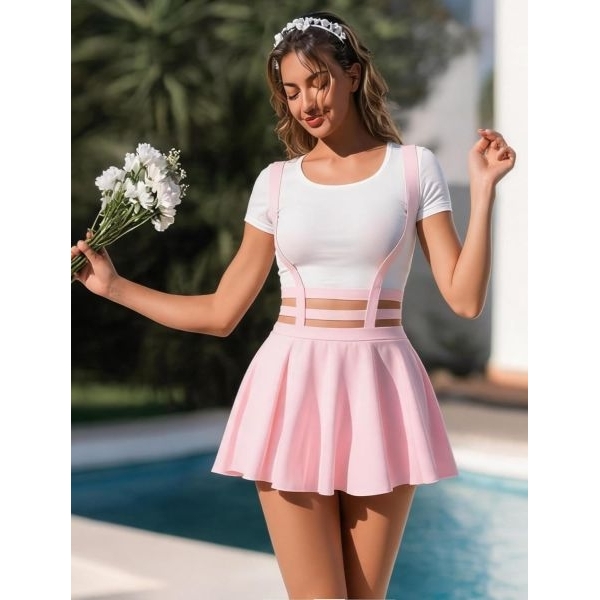 Fancyra Women Pink A-Line Suspender Skirt Pleated Short Braces Lingerie with Crop Top - Image 5