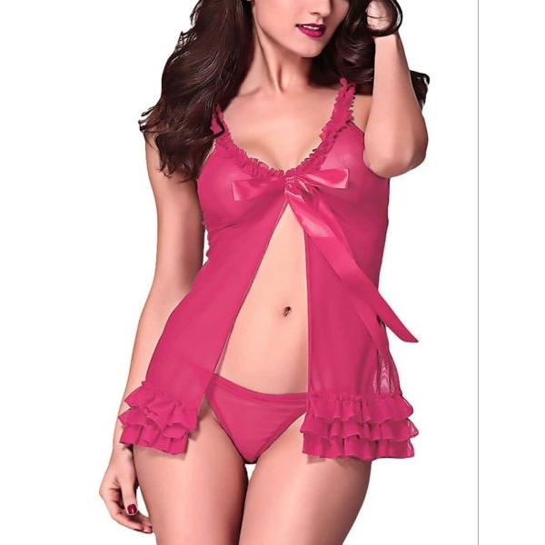 Fancyra Women Pink Blended Solid Above Knee Babydoll Nightwear Lingerie - Image 5