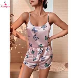 Fancyra Women Pink Butterfly Printed Hot Night Suit Pajama Set