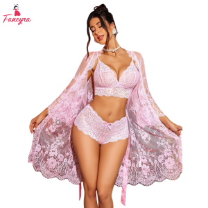 Fancyra Women Pink Lace Lingerie Set with Lace Kimono Robe Nightwear Babydoll Mesh Nightgown